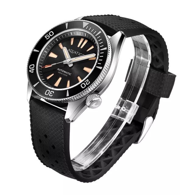 Aquatico Poseidon Automatic Men's Diver Watch Black Dial / Black Strap