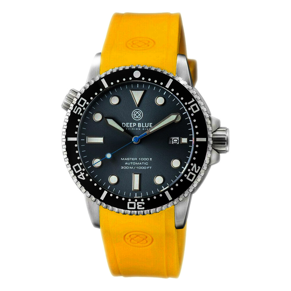 Deep Blue Master 1000 II 44mm Automatic Diver Watch Black Bezel/Slate Grey Blue Sunray Dial/Yellow Silicone Band Deep Blue Master 1000 II 44mm Automatic Diver Watch Black Bezel/Slate Grey Blue Sunray Dial/Yellow Silicone Band