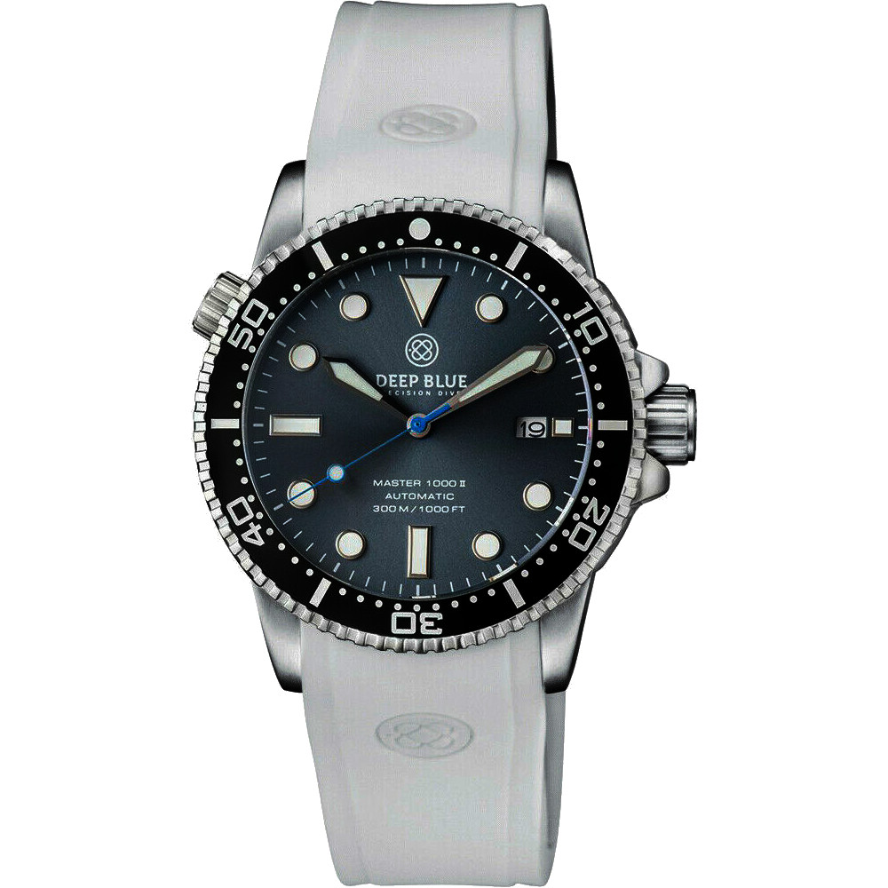 Deep Blue Master 1000 II 44mm Automatic Diver Watch Black Bezel/Slate Grey Blue Sunray Dial/White Silicone Band Deep Blue Master 1000 II 44mm Automatic Diver Watch Black Bezel/Slate Grey Blue Sunray Dial/White Silicone Band