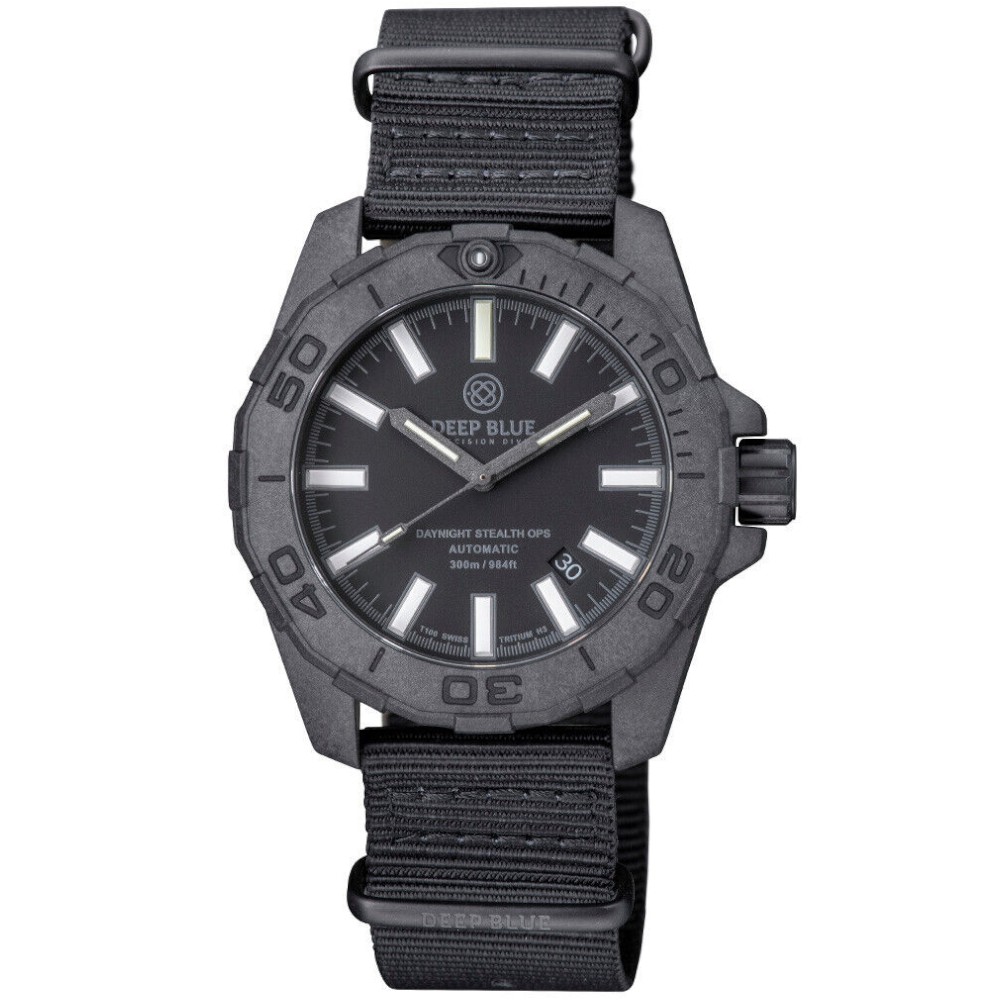 Deep Blue DayNight Stealth Ops Black Carbon Case Diver Automatic NH35 44mm Watch Deep Blue DayNight Stealth Ops Black Carbon Case Diver Automatic NH35 44mm Watch