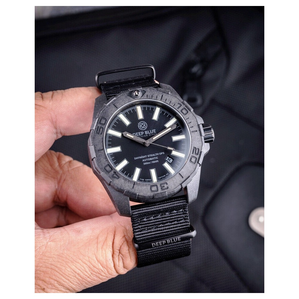 Deep Blue DayNight Stealth Ops Black Carbon Case Diver Automatic NH35 44mm Watch Deep Blue DayNight Stealth Ops Black Carbon Case Diver Automatic NH35 44mm Watch