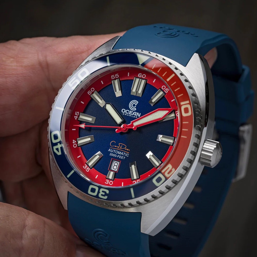 Ocean Crawler Core Diver 2024 Blue/Red 44mm Automatic Men Watch Swiss SW200-1