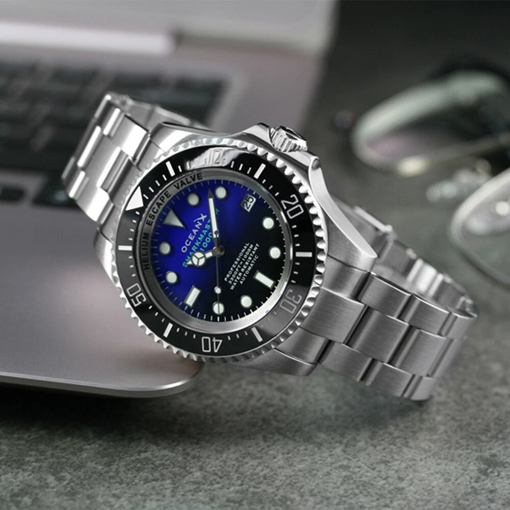OceanX Sharkmaster 1000 44mm Automatic Men Diver Watch Black Blue Dial SMS1012M9