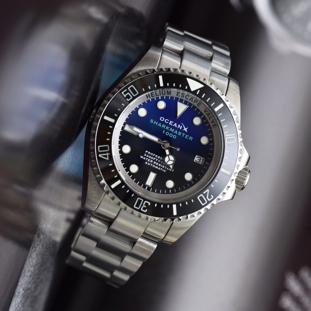 OceanX Sharkmaster 1000 44mm Automatic Men Diver Watch Black Blue Dial SMS1012M9