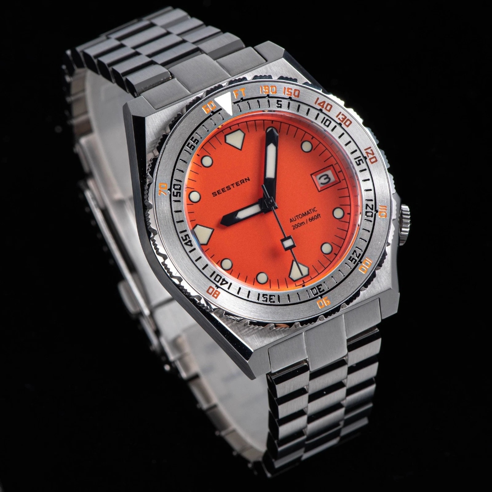 Seestern Vintage 407 600T Orange Stainless Steel Bezel Automatic Diver Watch 40