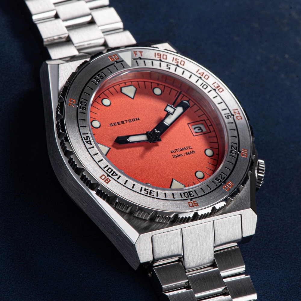 Seestern Vintage 407 600T Orange Stainless Steel Bezel Automatic Diver Watch 40