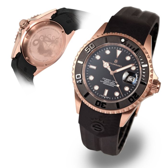 Steinhart Ocean One PINK GOLD Ceramic Bezel Automatic Swiss Dive Watch 103-0746 Black Rubber Strap