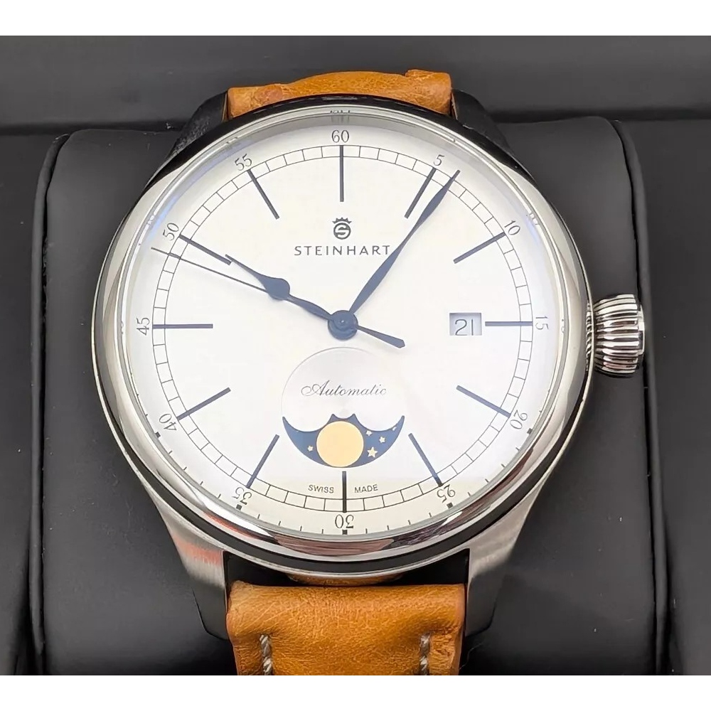 Steinhart Marine Moon Phase Silver Swiss 42mm Luxury Dress Watch 105-1220