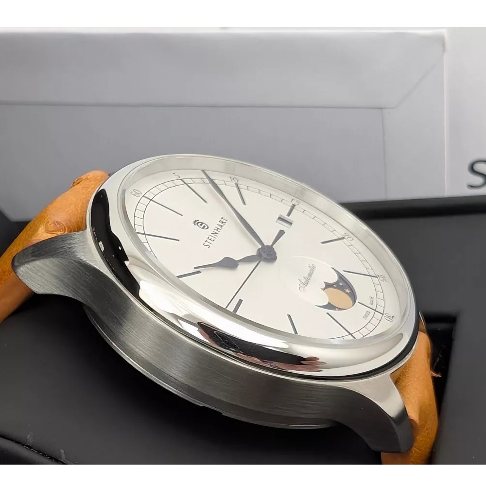 Steinhart Marine Moon Phase Silver Swiss 42mm Luxury Dress Watch 105-1220