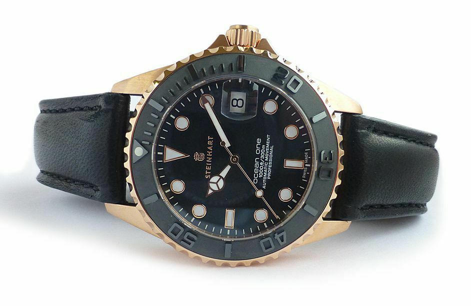 Steinhart Ocean One PINK GOLD Ceramic Bezel Automatic Swiss Dive Watch 103-0746 Black Leather Strap Steinhart Ocean One PINK GOLD Ceramic Bezel Automatic Swiss Dive Watch 103-0746 Black Leather Strap