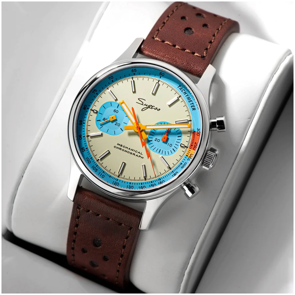 Sugess Chrono Heritage S387.01.Mens Chronograph Watch Teal Blue Panda