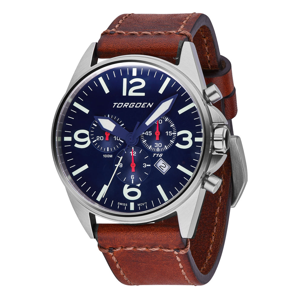 Torgoen T16 Pilot Men's Watch Blue Dial Vintage Leather Strap T16BL44SV / TN/1034 Torgoen T16 Pilot Men's Watch Blue Dial Vintage Leather Strap T16BL44SV / TN/1034