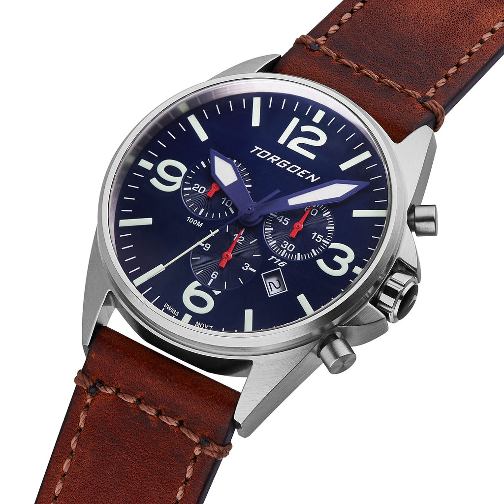 Torgoen T16 Pilot Men's Watch Blue Dial Vintage Leather Strap T16BL44SV / TN/1034 Torgoen T16 Pilot Men's Watch Blue Dial Vintage Leather Strap T16BL44SV / TN/1034