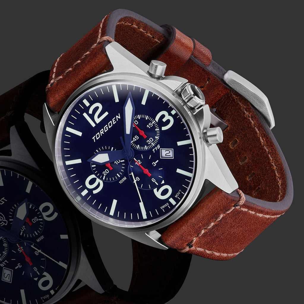 Torgoen T16 Pilot Men's Watch Blue Dial Vintage Leather Strap T16BL44SV / TN/1034