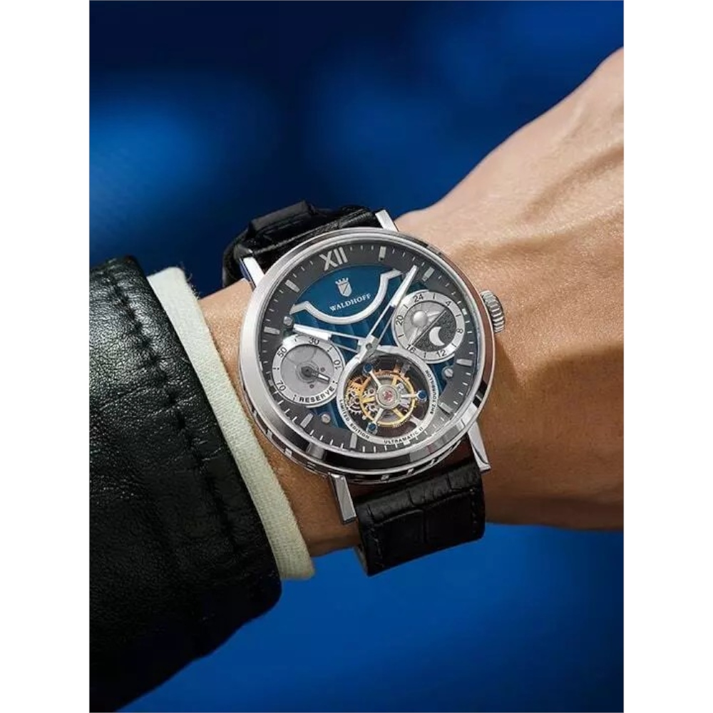WALDHOFF Ultramatic II Black Sand Tourbillon Men Luxury Watch Pearl Dial Leather