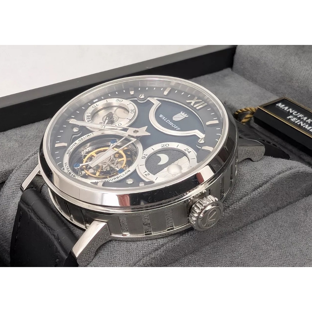 WALDHOFF Ultramatic II Black Sand Tourbillon Men Luxury Watch Pearl Dial Leather