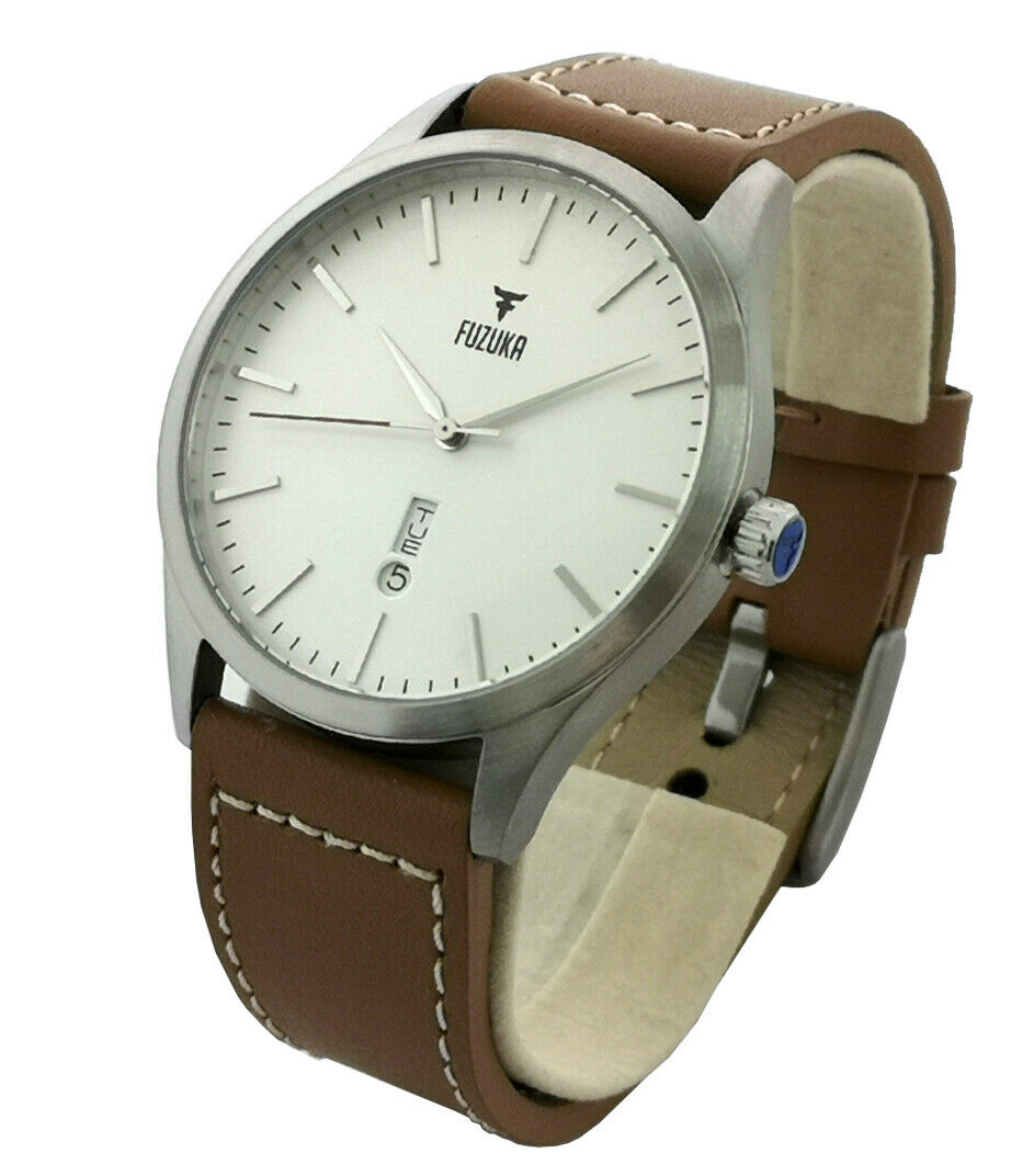 Fuzuka 42mm Silver Ivory Leather Men's Ladies Unisex Dress Elegant Watch Japan Fuzuka 42mm Silver Ivory Leather Men's Ladies Unisex Dress Elegant Watch Japan