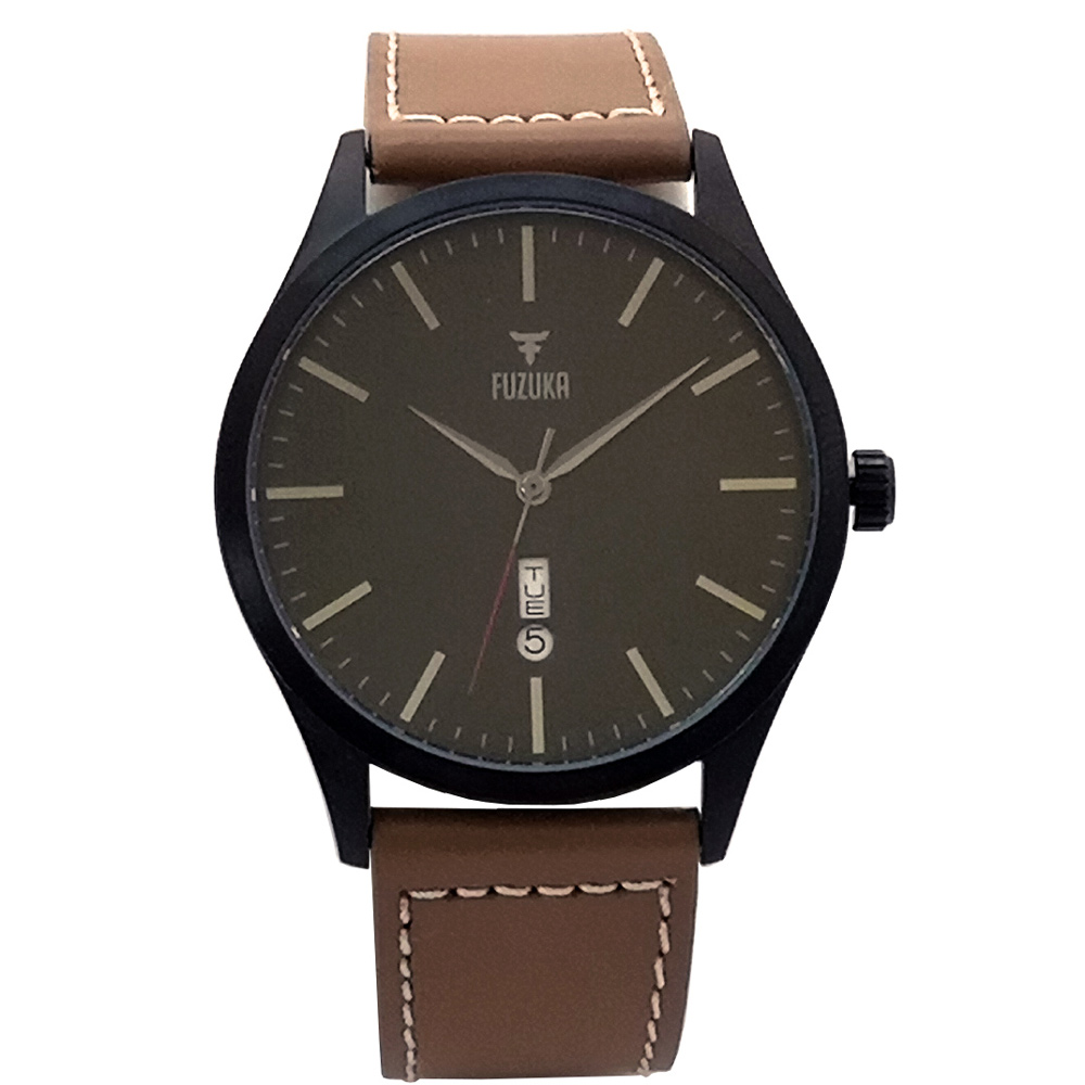 Fuzuka Brushed Black Gun Metal Tan Leather Japanese Ladies Youth Unisex Watch Fuzuka Brushed Black Gun Metal Tan Leather Japanese Ladies Youth Unisex Watch