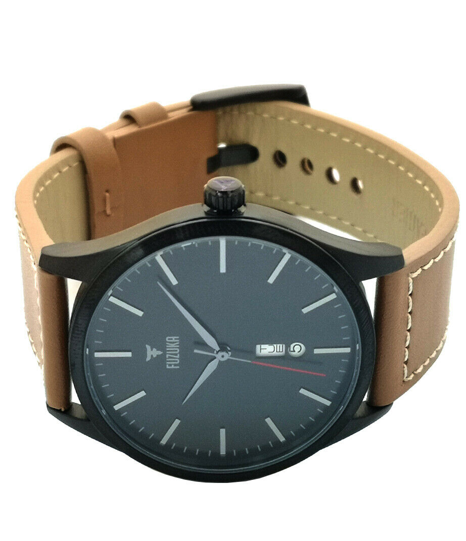 Fuzuka Brushed Black Gun Metal Tan Leather Japanese Ladies Youth Unisex Watch Fuzuka Brushed Black Gun Metal Tan Leather Japanese Ladies Youth Unisex Watch