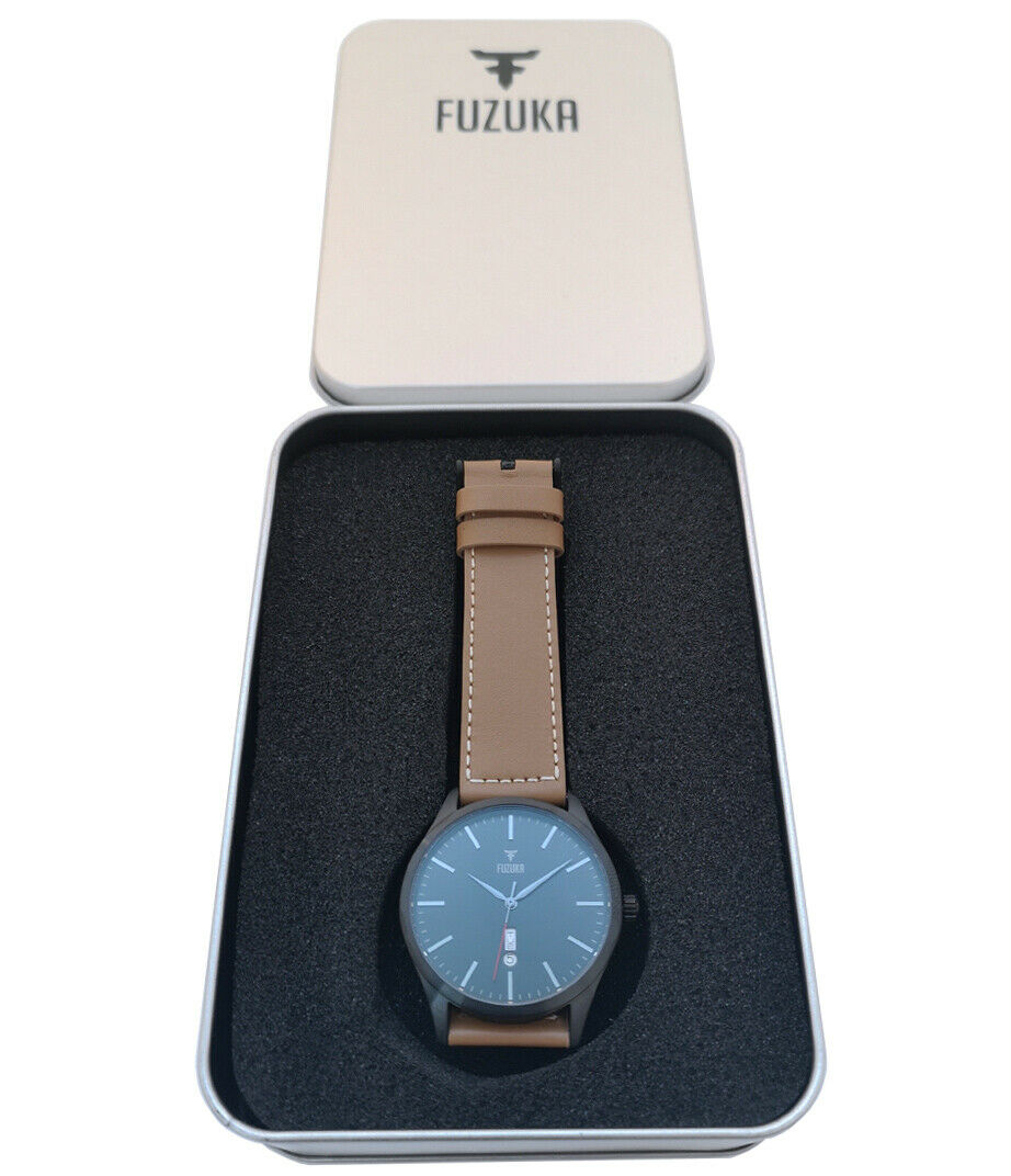 Fuzuka Brushed Black Gun Metal Tan Leather Japanese Ladies Youth Unisex Watch Fuzuka Brushed Black Gun Metal Tan Leather Japanese Ladies Youth Unisex Watch